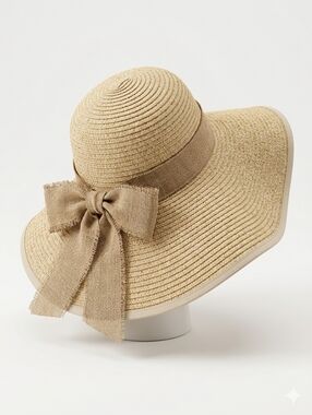 Wide Brim Straw Sun Hat Bow Beach Floppy Neutral Summer Coastal Grandma Boho